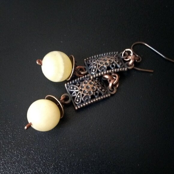 Ornate Copper Plate + Massive Genuine Citrine Beads! Gorgeous Statement Earrings - Picture 7 of 7